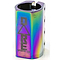 Introducing the Dare Warlord 4 Bolt Oversized SCS Stunt Scooter Clamp in Neochrome, this vibrant metallic clamp showcases an iridescent finish and proudly displays the "Dare" logo in black on its side. It features multiple bolts to ensure secure attachment.