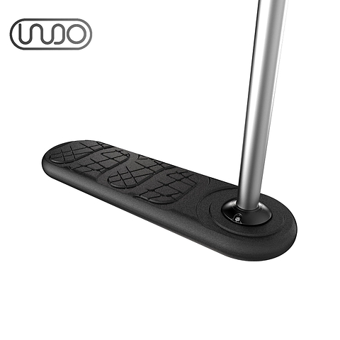 Close-up of the INDO 670mm Indoor Trampoline Stunt Scooter - Black footrest, featuring textured patterns and attached to a metallic pole. The sleek design with a simple logo in the top left corner against a white background makes it perfect for practicing tricks on your trampoline scooter.