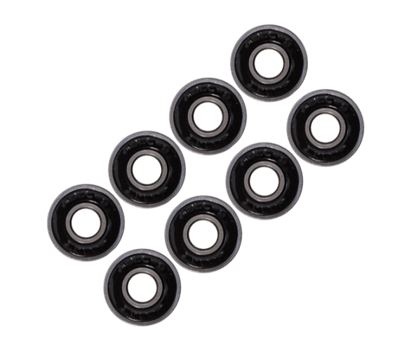 Eight small, round Stunt Skateboard Bearings from Skates.co.uk are arranged in a staggered pattern against a white background. These ABEC 9 skateboard bearings are black with silver inner rings, creating a striking contrast perfect for enhancing the performance of your stunt scooter.