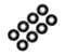 Eight small, round Stunt Skateboard Bearings from Skates.co.uk are arranged in a staggered pattern against a white background. These ABEC 9 skateboard bearings are black with silver inner rings, creating a striking contrast perfect for enhancing the performance of your stunt scooter.
