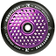 The Root Industries Honeycore 110mm Stunt Scooter Wheel in Black and Purple features a unique honeycomb design at the center, with white branding text encircling the edge.