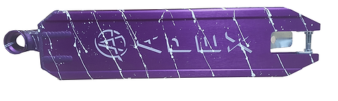 The Apex Pro Splatter Purple / White Stunt Scooter Deck, made from sturdy 6082 aluminium, showcases a purple hue with a distinctive white splatter pattern and graphics that include symbols and text.