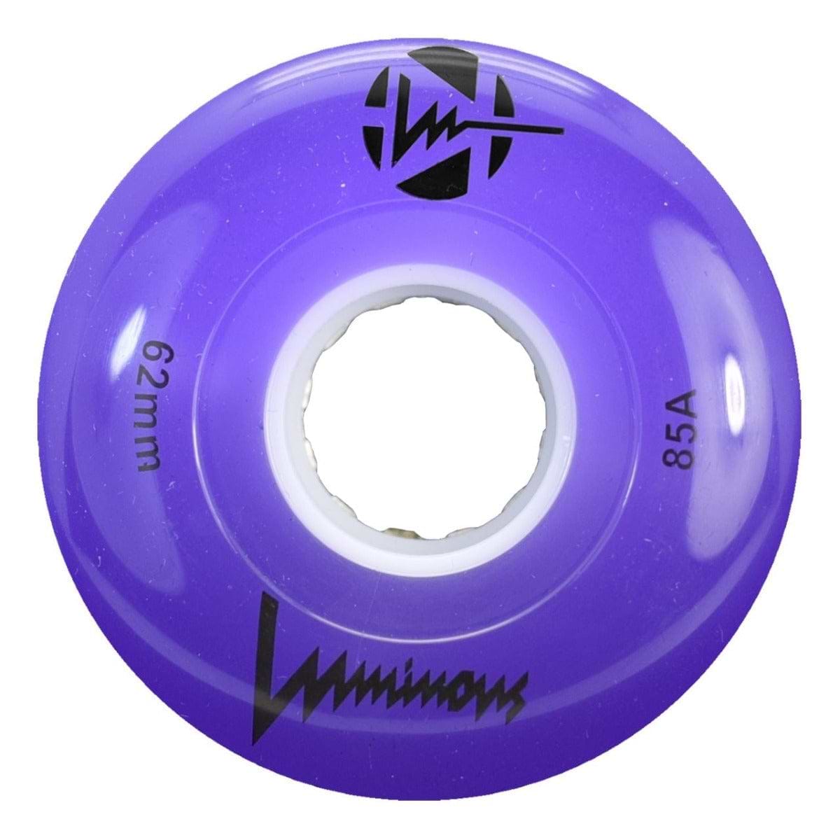 The Luminous LED 85A Quad Roller Skate Wheels in Purple (62mm) feature a white core, black logo, and glow for a vibrant addition to your collection.