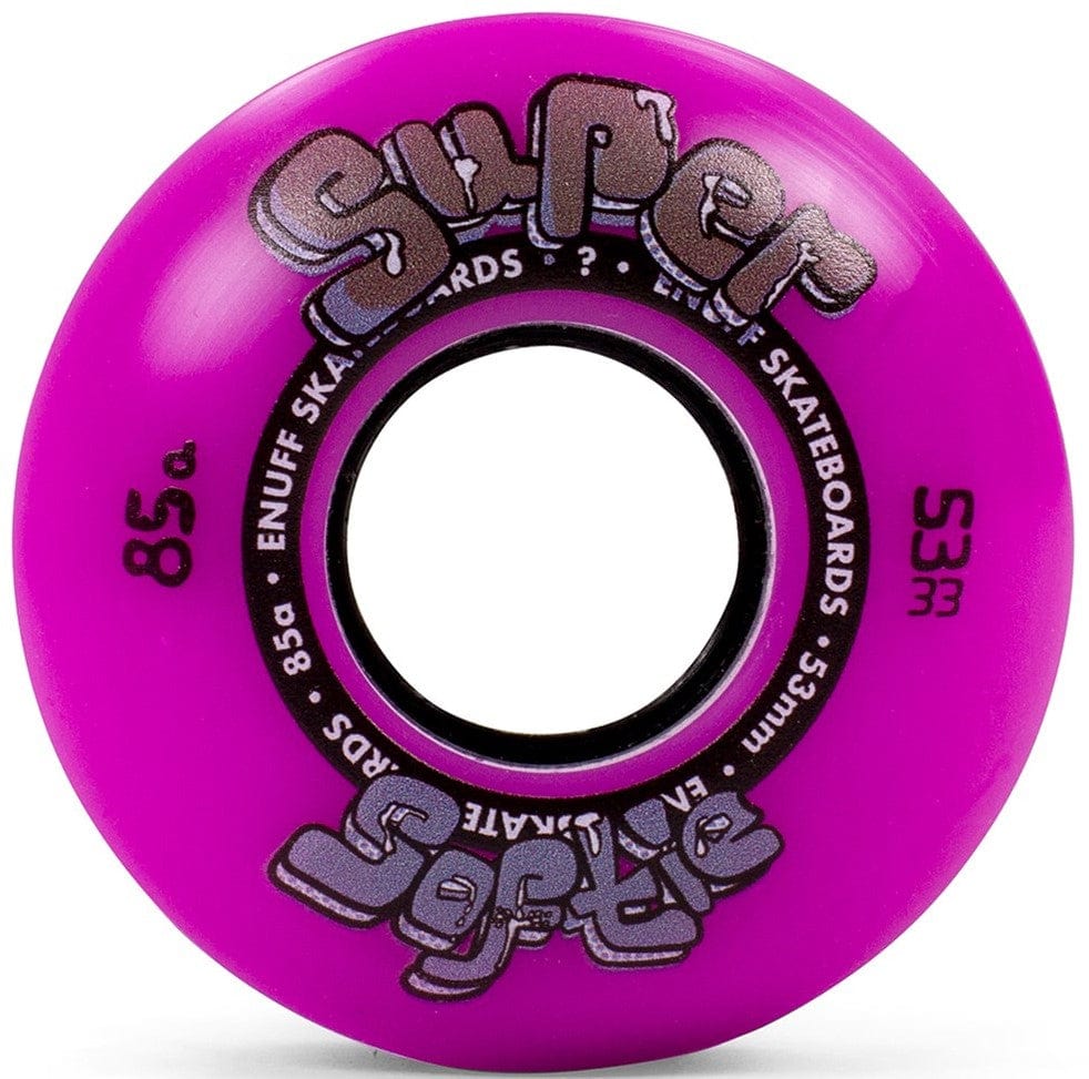 The purple skateboard wheel, from the Enuff Super Softie 53mm 85A Skateboard Wheels collection, showcases vibrant, playful lettering with "Super Softie" and "Enuff Skateboards." It offers an 85A hardness rating and a 53mm size for an exceptionally smooth ride.