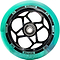 The Lucky Quatro Pro 110mm Scooter Wheel in Black and Teal boasts a sleek, intricate spoke design with the brand's Rebound Technology. Its black central hub is embellished with text and geometric patterns, adding to its modern look.
