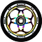 The Lucky Quatro Pro 110mm Scooter Wheel - Neochrome from Lucky showcases a black outer tire and a metallic multicolored hub with a star-shaped pattern. Enhanced by the Lucky Rebound Technology, the silver rim features "QUATRO" and "110MM" text, ensuring smooth rides and durability.