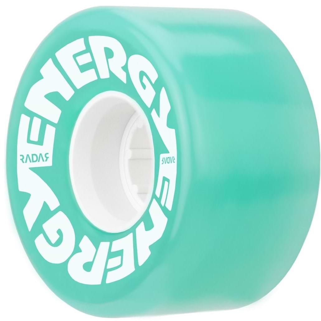 The Radar Energy 78A Quad Roller Skate Wheels in Aqua, measuring 57mm x 32mm, showcase a close-up of their turquoise design with the word "ENERGY" prominently displayed in white letters. Constructed from outdoor urethane, these wheels boast a smooth surface with a white core and visible ball bearings, offering optimal grip and ride quality with their 78A durometer.