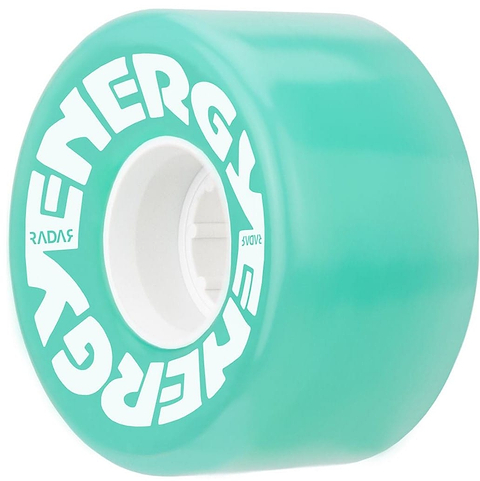 The Radar Energy 78A Quad Roller Skate Wheels in Aqua, measuring 57mm x 32mm, showcase a close-up of their turquoise design with the word "ENERGY" prominently displayed in white letters. Constructed from outdoor urethane, these wheels boast a smooth surface with a white core and visible ball bearings, offering optimal grip and ride quality with their 78A durometer.