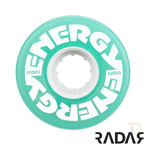 Aqua skate wheel from Radar with "ENERGY" prominently displayed in bold, white letters on the top and "RADAR" at the bottom. This outdoor urethane quad roller skate wheel has a 78A durometer rating and an inner core designed for secure attachment.