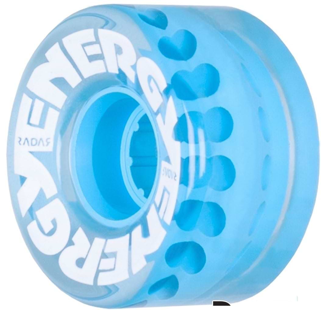 Close-up of a clear blue skateboard wheel from the brand Radar, featuring the name "ENERGY" printed in white around its center. These Radar Energy outdoor urethane wheels have a 78A durometer and include a reinforced micro hub, offering a patterned design with circular cutouts for improved performance. The wheels measure 57mm by 32mm.