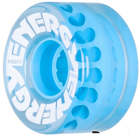 Close-up of a clear blue skateboard wheel from the brand Radar, featuring the name "ENERGY" printed in white around its center. These Radar Energy outdoor urethane wheels have a 78A durometer and include a reinforced micro hub, offering a patterned design with circular cutouts for improved performance. The wheels measure 57mm by 32mm.