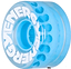 Close-up of a clear blue skateboard wheel from the brand Radar, featuring the name "ENERGY" printed in white around its center. These Radar Energy outdoor urethane wheels have a 78A durometer and include a reinforced micro hub, offering a patterned design with circular cutouts for improved performance. The wheels measure 57mm by 32mm.