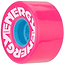 The Radar Energy 78A Quad Roller Skate Wheels in pink feature a bright neon hue, making them ideal for quad skate setups. The wheels proudly display "ENERGY" and "RADAR" in white lettering, accompanied by a striking blue center core. Designed with outdoor urethane construction and a 78A durometer, they ensure peak performance.