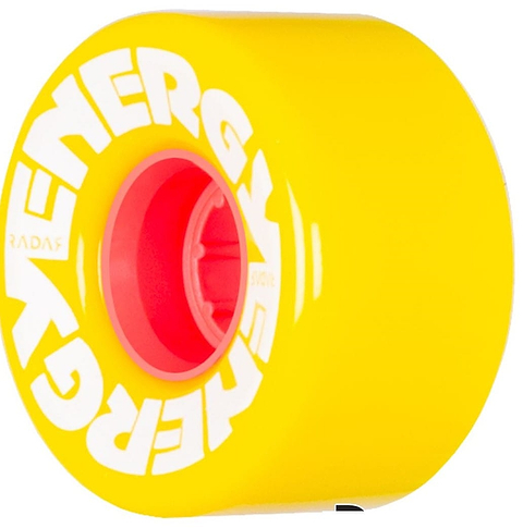 A vibrant yellow wheel from Radar's Energy series, made of durable urethane, features the brand name "ENERGY" in white along the side. Perfect for outdoor skating, it boasts a red core and a 78A durometer, providing an excellent combination of grip and speed. This model is officially named the Radar Energy 78A Quad Roller Skate Wheels - Yellow, measuring 57mm x 32mm.