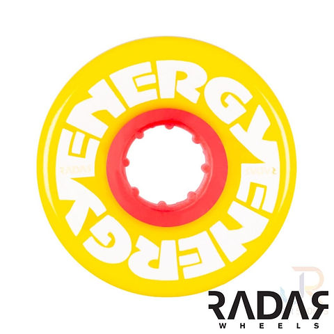This image features a detailed view of the Radar Energy 78A Quad Roller Skate Wheel, which is yellow with a urethane composition. The outer rim displays the word "ENERGY" prominently in bold white lettering. Its core is red and open, tailored for outdoor skating, and designed with a 78A durometer rating. The "RADAR" brand logo appears in the bottom right section of the wheel.