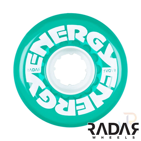 From a bird's-eye perspective, the clear green Radar Energy roller skate wheel displays the word "ENERGY" in white. Made from urethane, this wheel features a 78A durometer for a smooth skating experience. The "RADAR" logo is visible at the bottom right corner, indicating its suitability for outdoor use.