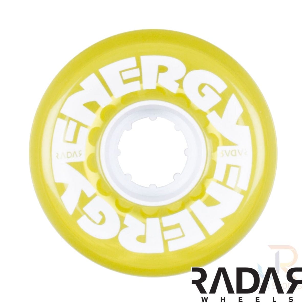 The Radar Energy 78A Quad Roller Skate Wheels in clear yellow feature a vibrant design with "ENERGY" printed prominently in white around the center. Made from durable outdoor urethane, these wheels highlight their 78A durometer through a transparent finish, and the distinctive "RADAR WHEELS" logo is displayed in black at the bottom right corner.