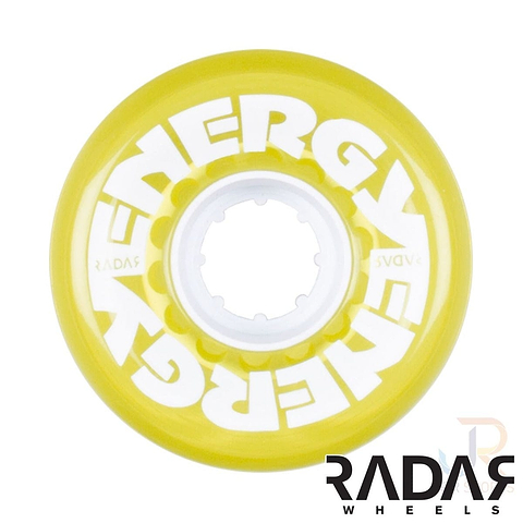 The Radar Energy 78A Quad Roller Skate Wheels in clear yellow feature a vibrant design with "ENERGY" printed prominently in white around the center. Made from durable outdoor urethane, these wheels highlight their 78A durometer through a transparent finish, and the distinctive "RADAR WHEELS" logo is displayed in black at the bottom right corner.