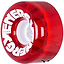 A clear red roller skate wheel features white "ENERGY" lettering around the side, designed for outdoor urethane skating adventures. This Radar Energy 78A Quad Roller Skate Wheel has a white central core and offers a smooth, glossy finish with a 78A durometer for comfort.