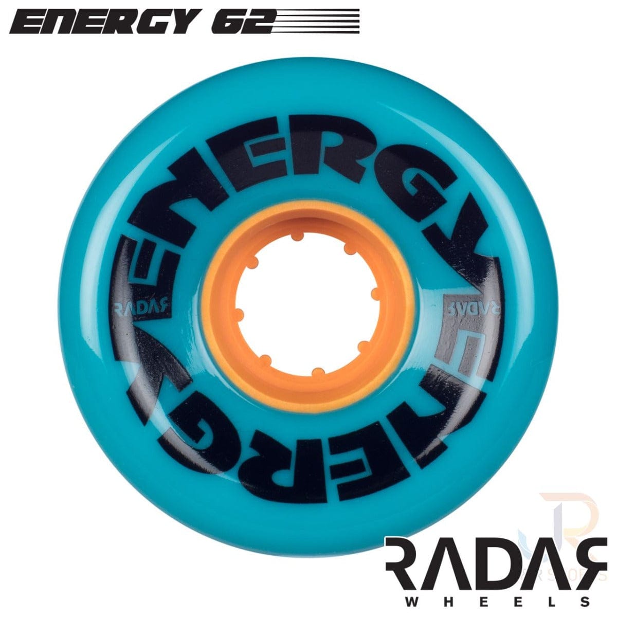 The bright teal Radar Energy 62 roller skate wheel, made from urethane material, showcases the text "ENERGY 62" and "RADAR" and is set against a white background. These outdoor skate wheels are designed with a durometer of 78A for superior performance.