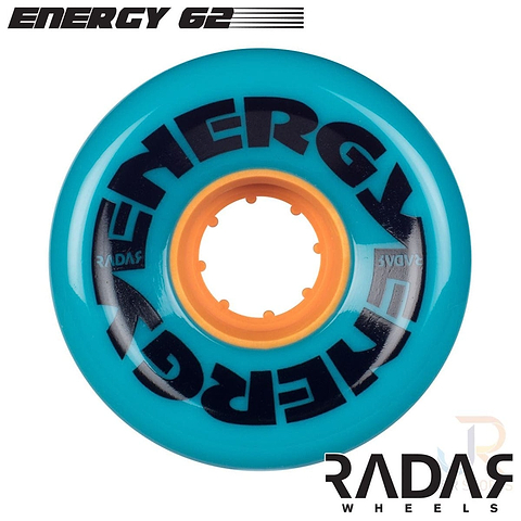 The bright teal Radar Energy 62 roller skate wheel, made from urethane material, showcases the text "ENERGY 62" and "RADAR" and is set against a white background. These outdoor skate wheels are designed with a durometer of 78A for superior performance.