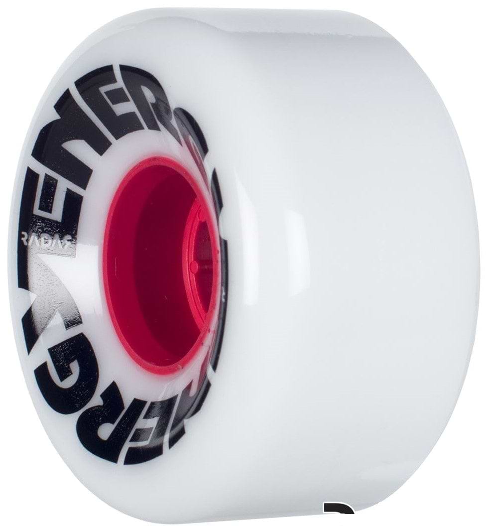 Close-up of a white Radar Energy 78A Quad Roller Skate Wheel with partially visible black text, featuring a vibrant red core in the center. The 78A durometer wheel has a clean, glossy finish that contrasts with the bold red inner hub, making it ideal for responsive skating on outdoor surfaces.