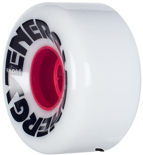 Close-up of a white Radar Energy 78A Quad Roller Skate Wheel with partially visible black text, featuring a vibrant red core in the center. The 78A durometer wheel has a clean, glossy finish that contrasts with the bold red inner hub, making it ideal for responsive skating on outdoor surfaces.