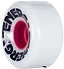 Close-up of a white Radar Energy 78A Quad Roller Skate Wheel with partially visible black text, featuring a vibrant red core in the center. The 78A durometer wheel has a clean, glossy finish that contrasts with the bold red inner hub, making it ideal for responsive skating on outdoor surfaces.