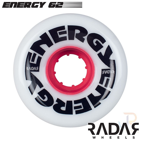 A "Radar Energy 78A" quad roller skate wheel in pure white, featuring the word "ENERGY" boldly printed in black around the center. The hub is a striking bright red. Made from outdoor urethane, these wheels are designed for responsive and smooth performance. At the bottom right corner, you'll find "RADAR WHEELS" imprinted.