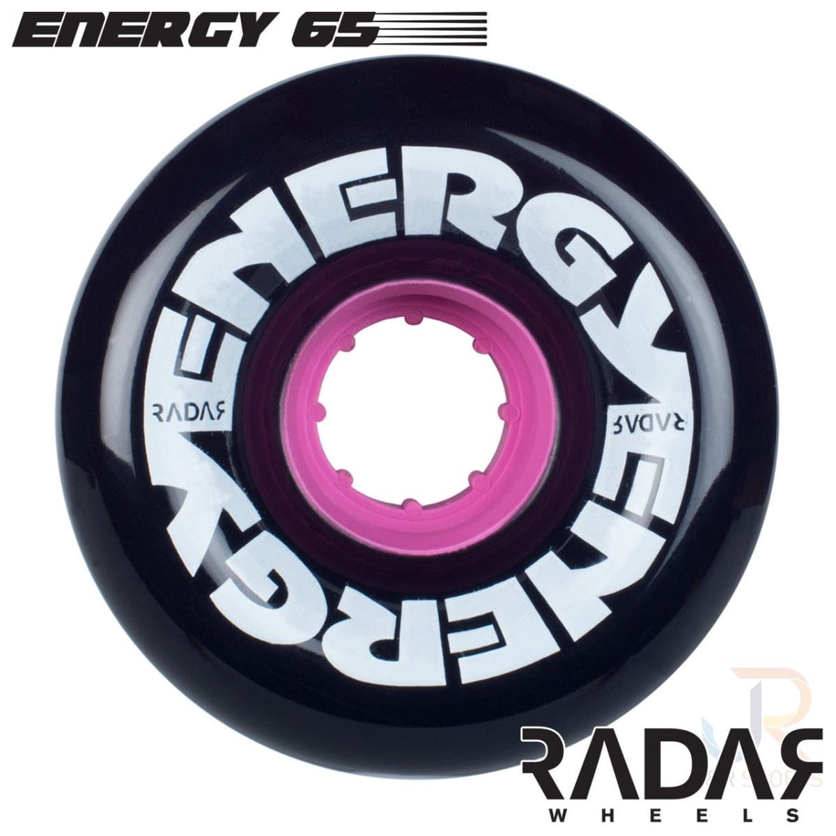 Close-up of a black roller skate wheel with "Energy 65" written in white on the surface. The center hub is pink. Designed for outdoor urethane terrains, these Radar Energy 78A quad skate wheels measure 65mm x 32mm and are marked with the brand name "Radar" at the bottom of the image.