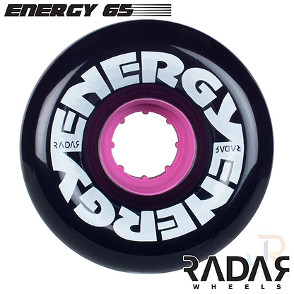 Close-up of a black roller skate wheel with "Energy 65" written in white on the surface. The center hub is pink. Designed for outdoor urethane terrains, these Radar Energy 78A quad skate wheels measure 65mm x 32mm and are marked with the brand name "Radar" at the bottom of the image.