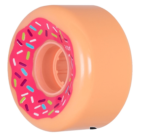 Introducing the Radar Donut 78A Quad Roller Skate Wheels by Radar, designed to mimic a pink frosted donut topped with colorful sprinkles. These eye-catching wheels, sized at 62mm x 32mm, are made from outdoor urethane, offering both durability and style for a smooth ride on any surface.