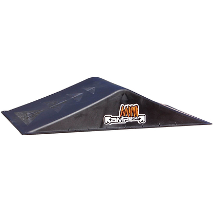 The Rampage Double Mini Skate Ramp, ideal for skating stunts, features a sleek black plastic surface with a gentle incline. Branded as "Rampage" in stylized text, it is designed for easy transport and is ready to elevate your skateboarding or bike tricks anywhere.