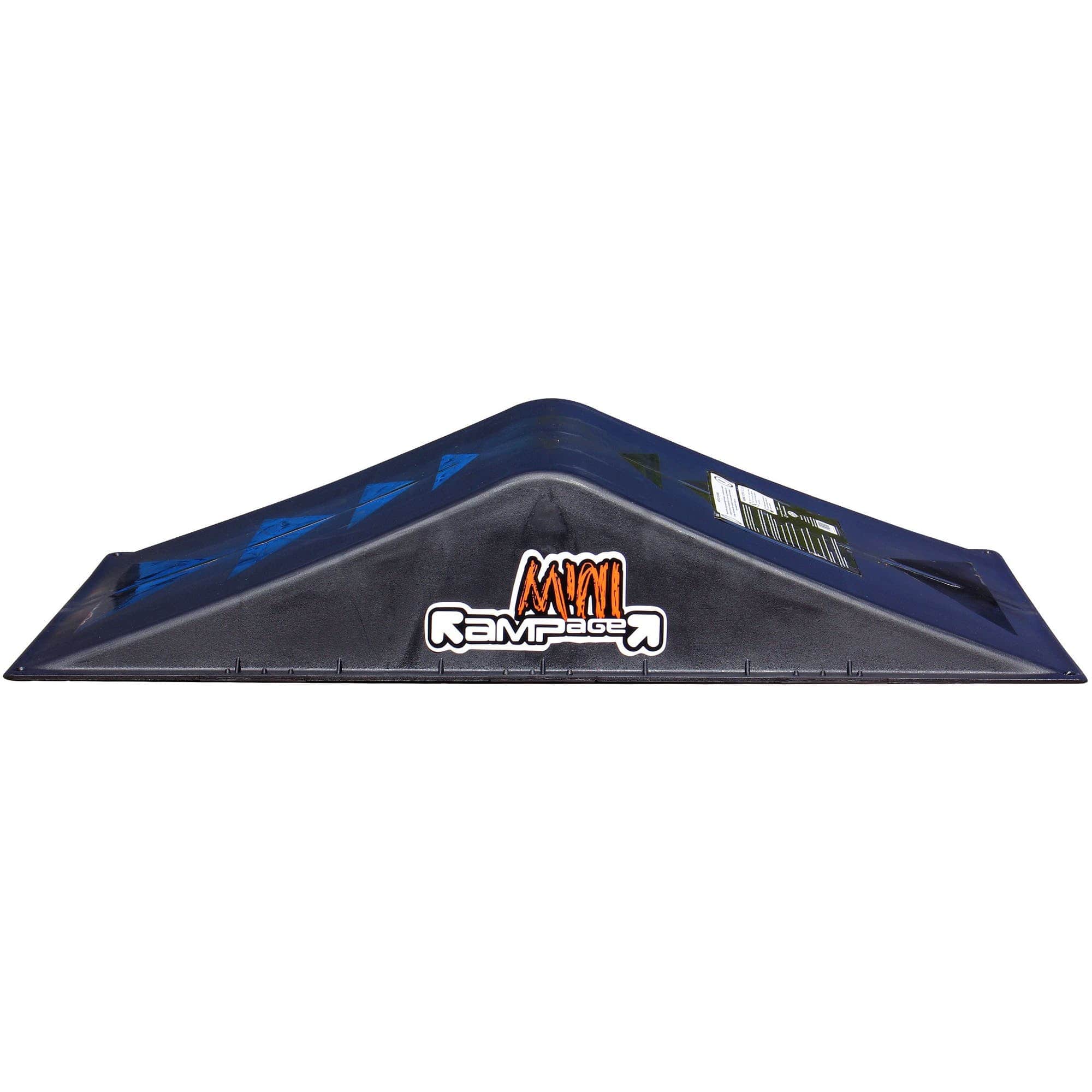 The Rampage Double Mini Skate Ramp, featuring a sleek black design with blue accents and the "Mini Rampage" logo, is perfect for skating stunts. Its triangular shape ensures easy transport and provides an excellent setup for mastering skateboard tricks.
