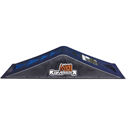 The Rampage Double Mini Skate Ramp, featuring a sleek black design with blue accents and the "Mini Rampage" logo, is perfect for skating stunts. Its triangular shape ensures easy transport and provides an excellent setup for mastering skateboard tricks.