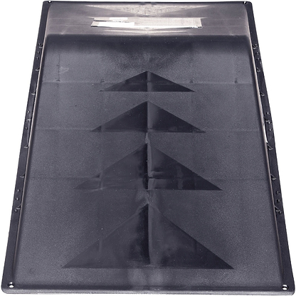 Introducing the Rampage Double Mini Skate Ramp—a rectangular panel made of metal or plastic, featuring multiple raised triangular sections in the center that form an upward-pointing arrow pattern. Perfect for performing skating stunts, this ramp features a smooth and shiny surface complete with a label at the top. Designed for easy transport, it comes with a sleek, dark finish.