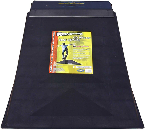 A black plastic Rampage Airbox V2 Full Size Ramp with a yellow center label featuring a skateboarder and "Rampage Mini Four Foot Rampage"—ideal for BMX tricks or combining with other Rampage ramps.