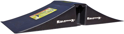 The Rampage Airbox V2 Full Size Ramp by Rampage is a black plastic BMX ramp with two angled surfaces and a flat center platform labeled "Rampage X," designed for jumps and tricks.