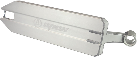 Introducing the Apex Angled Raw Stunt Scooter Deck - 6″, crafted by Apex with distinctive angular edges, a precision cutout for brake and wheel compatibility, and the iconic Apex logo engraved on the top surface. This robust street scooter deck is engineered for outstanding durability and performance.