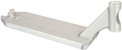 The Apex Angled Raw Stunt Scooter Deck - 6″ by Apex, featuring visible welded seams, an angled headtube, and a rear brake mount, is displayed against a white background.