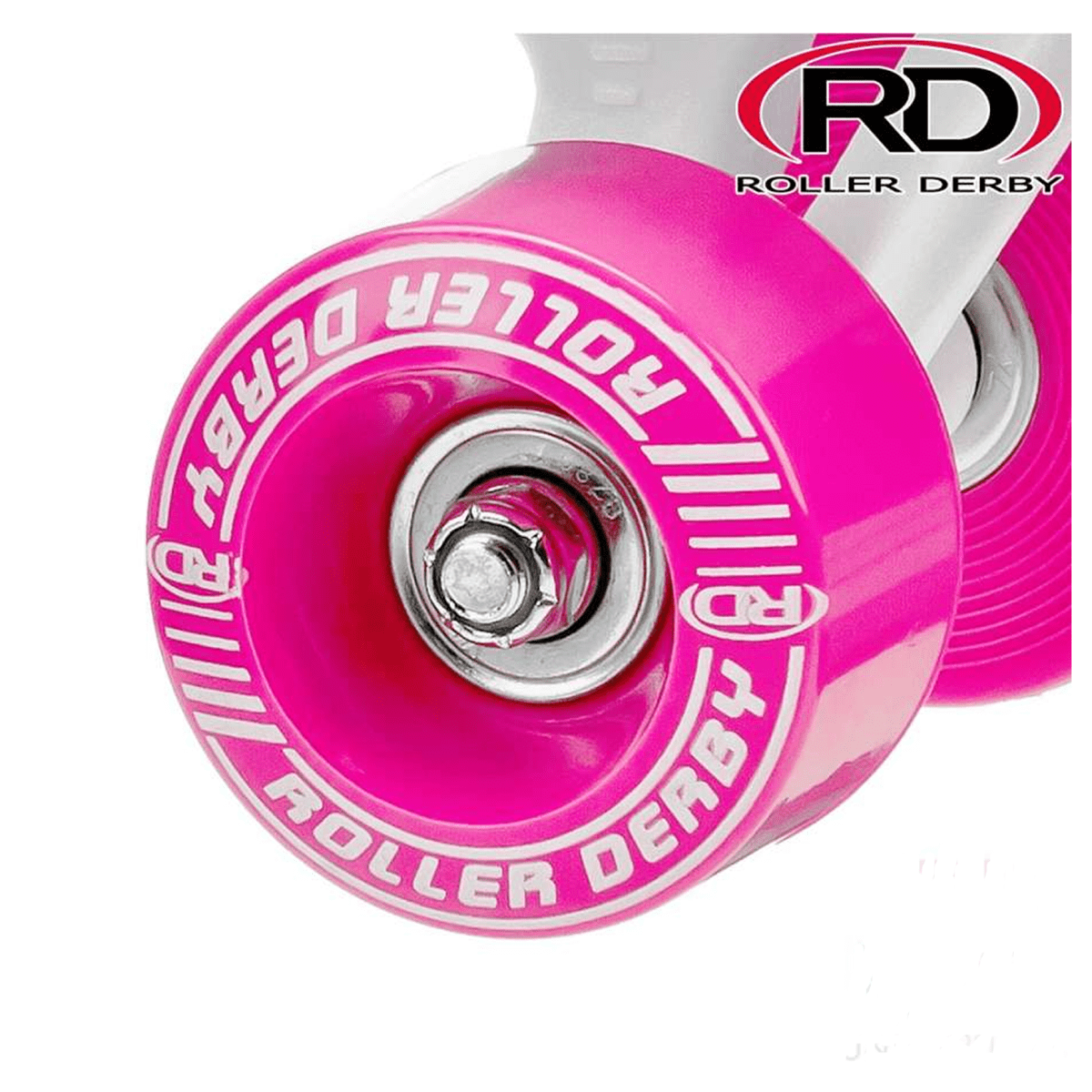 Close-up of a vibrant pink roller skate wheel crafted from durable polyurethane, showcasing the text "ROLLER DERBY" in white. This wheel from the Roller Derby Firestar V2 Quad Roller Skates - White / Pink is fixed to a metal axle, with the "RD ROLLER DERBY" logo visible in the top right corner.