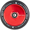 A close-up of the Root Industries AIR Hollowcore 110mm Stunt Scooter Wheel in Black/Red showcases its design. The red core incorporates hollowcore technology with a metal bearing, while the black tire is marked with "Root Industries" and "AIR" in white lettering, highlighting the precision of the AIR Hollowcore design.