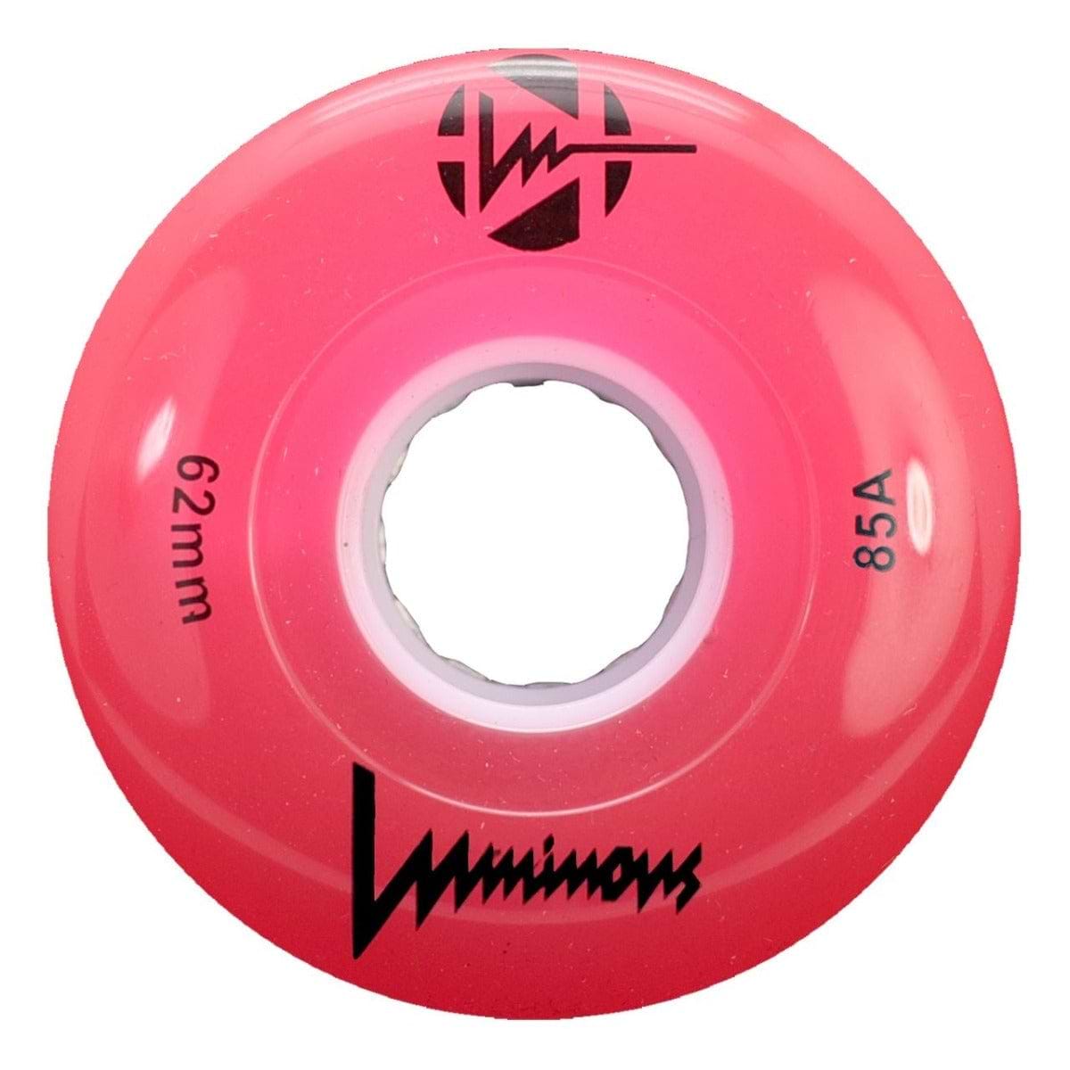 A vibrant red Luminous LED 85A Quad Roller Skate Wheel, 62mm with a white core, features the Luminous logo, stylized text, and is made from 85A durometer urethane.