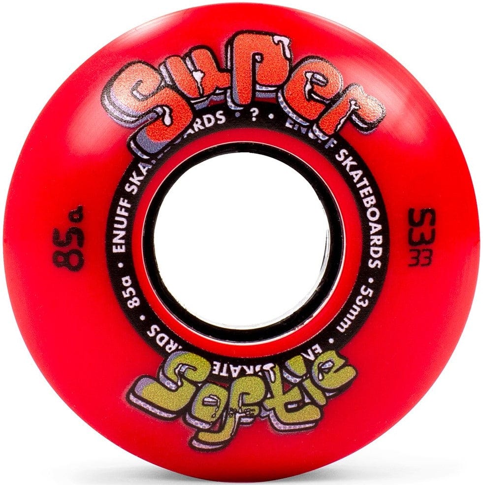 The Enuff Super Softie 53mm 85A Skateboard Wheels in red feature black and gold text and are designed by Enuff Skateboards for an ultra-smooth ride.