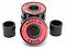 Close-up of four Logic ABEC 11 Red Scooter Bearings stacked on a white surface, ideal for performance speed enthusiasts. Two additional black cylindrical spacers are positioned on each side of the stacked bearings.