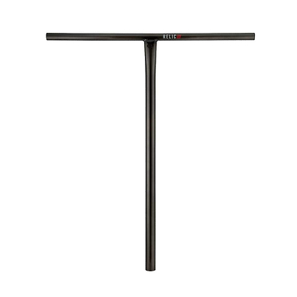 Drone's Relic 3 Steel Oversized SCS Stunt Scooter Bars in Trans Black feature a T-shaped design, expertly crafted from durable Chromoly 4130 steel. The minimalist styling is accentuated by the red "Relic" brand logo adorning the top crossbar. These handlebars, measuring 650mm x 600mm, are isolated on a white background to highlight their streamlined aesthetic.
