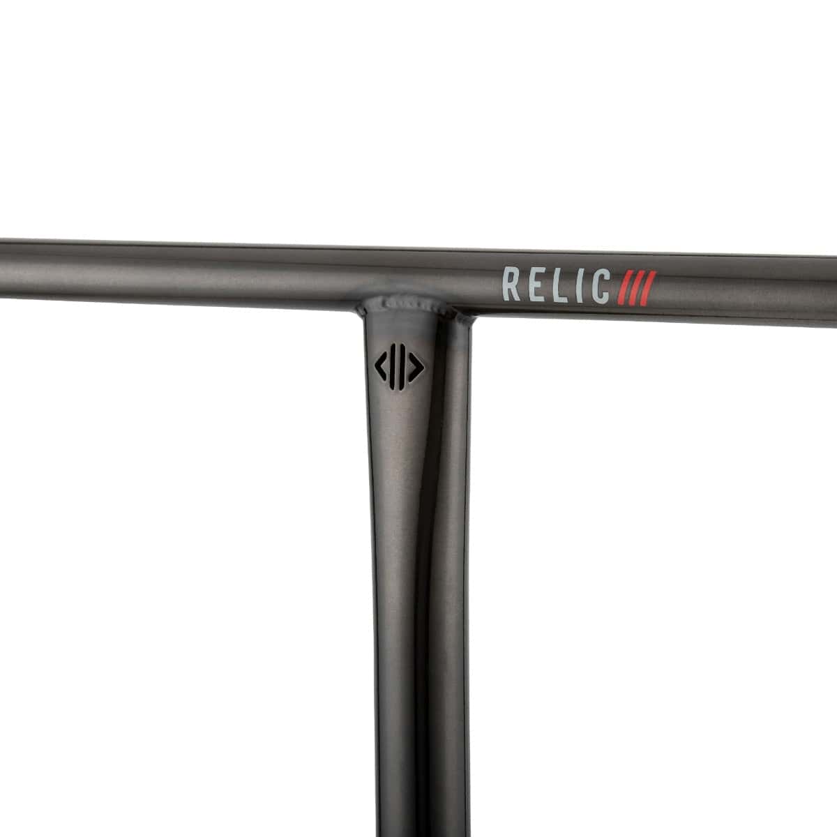 Close-up of a metallic gray handlebar from the Drone Relic 3 Steel Oversized SCS Stunt Scooter Bars, made of durable Chromoly 4130 steel. The handlebar showcases the "Drone" brand name and three distinctive red lines on the crossbar, along with a subtle logo beneath the T-joint, complementing its minimalist design.