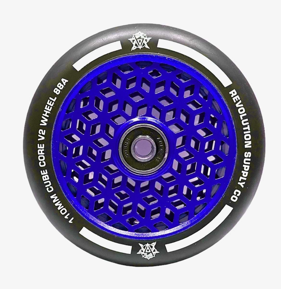 A blue scooter wheel from Revolution, known as the Revolution Cubed Core Ultralite 110mm Stunt Scooter Wheel, showcases an innovative cube core cutout technology with a geometric design. The white text around the edges reads "110MM Cube Core V2 Wheel 88A Revolution Supply Co." This model delivers unmatched performance for scooter enthusiasts.