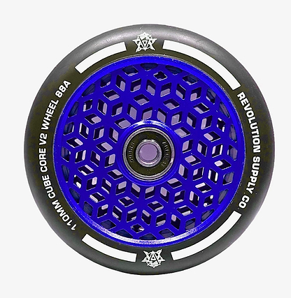 A blue scooter wheel from Revolution, known as the Revolution Cubed Core Ultralite 110mm Stunt Scooter Wheel, showcases an innovative cube core cutout technology with a geometric design. The white text around the edges reads "110MM Cube Core V2 Wheel 88A Revolution Supply Co." This model delivers unmatched performance for scooter enthusiasts.