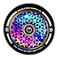 A detailed view of a vibrant scooter wheel displays a hexagonal honeycomb pattern, with the metal core boasting an iridescent rainbow sheen, highlighting Revolution's Cubed Core Ultralite design. The text encircling the wheel reads "Revolution" and "110mm Cube Core V2 Wheel 88A," representing the Revolution Cubed Core Ultralite 110mm Stunt Scooter Wheel in Neochrome Rainbow.